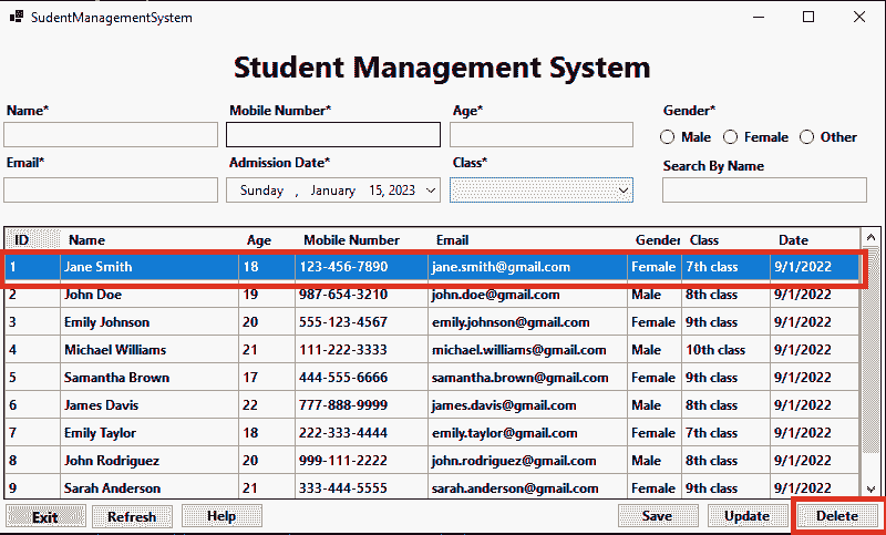 Student Management System in C sharp Windows Forms Delete