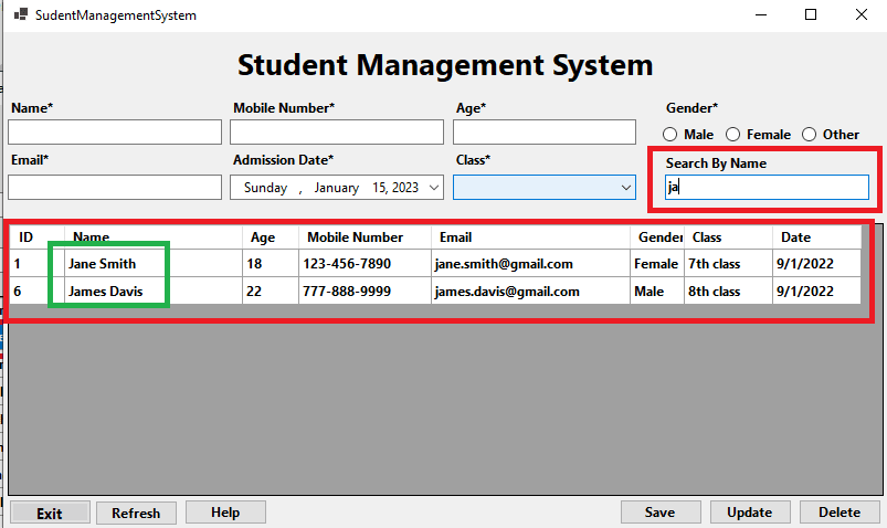 Student Management System in C sharp Windows Forms Search